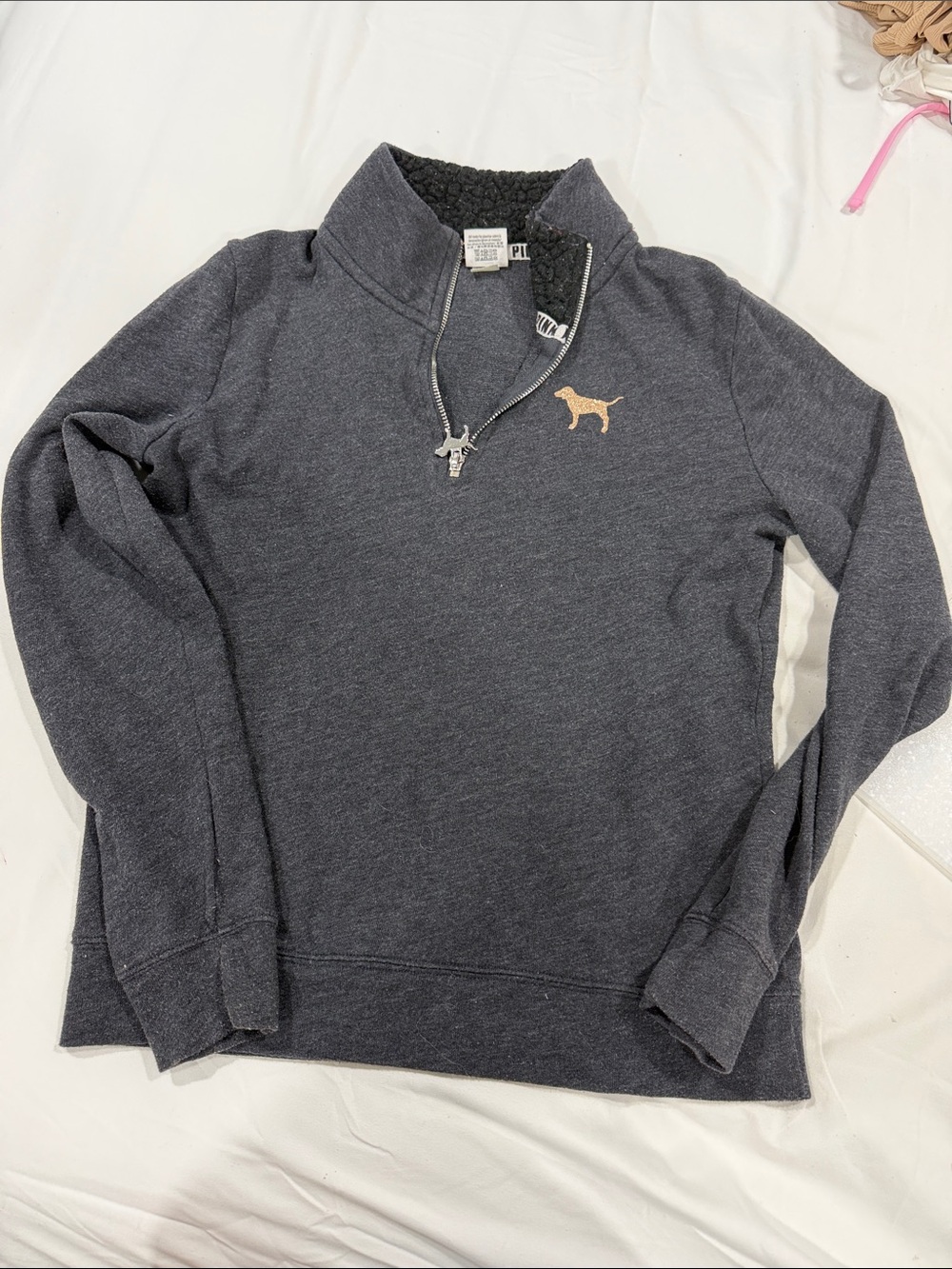 PINK Victoria's Secret Charcoal Half-Zip Turtleneck Sweater with Dog Emblem